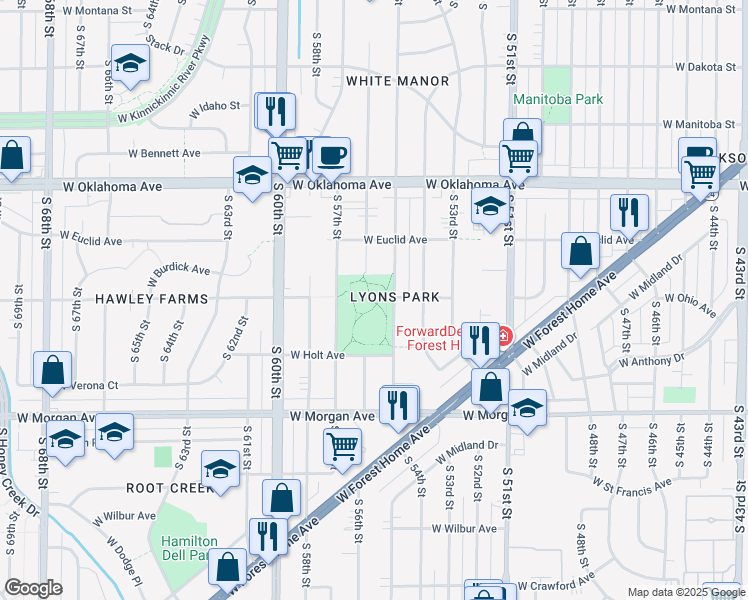 map of restaurants, bars, coffee shops, grocery stores, and more near 3301 South 55th Street in Milwaukee