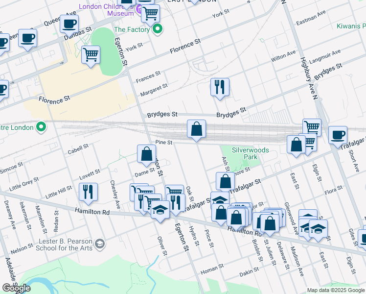 map of restaurants, bars, coffee shops, grocery stores, and more near 1069 Pine Street in London