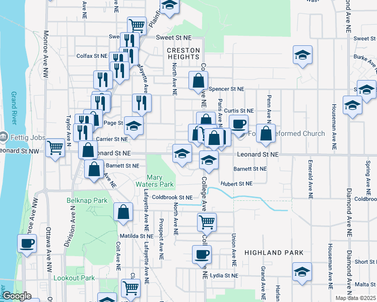 map of restaurants, bars, coffee shops, grocery stores, and more near 427 Leonard Street Northeast in Grand Rapids