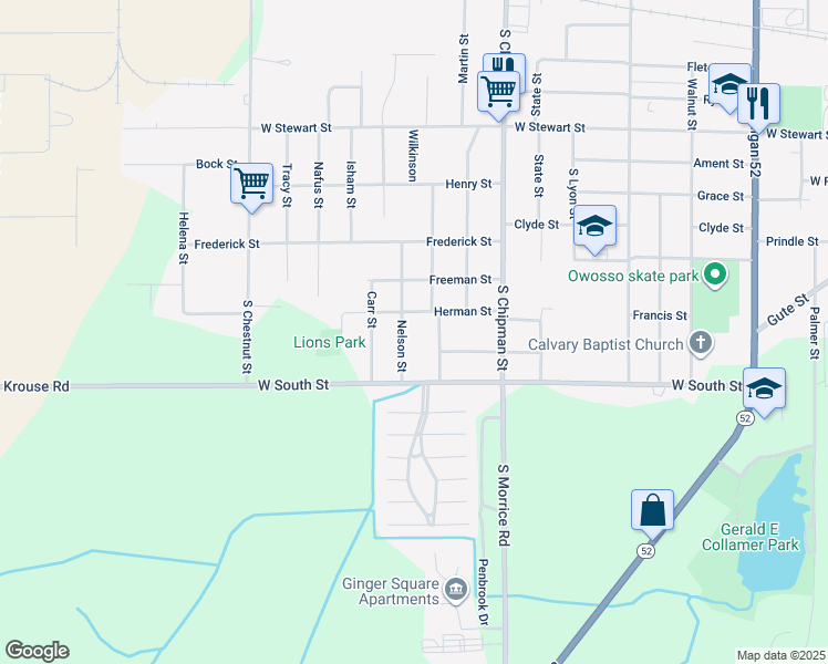 map of restaurants, bars, coffee shops, grocery stores, and more near 1401 Nelson Street in Owosso