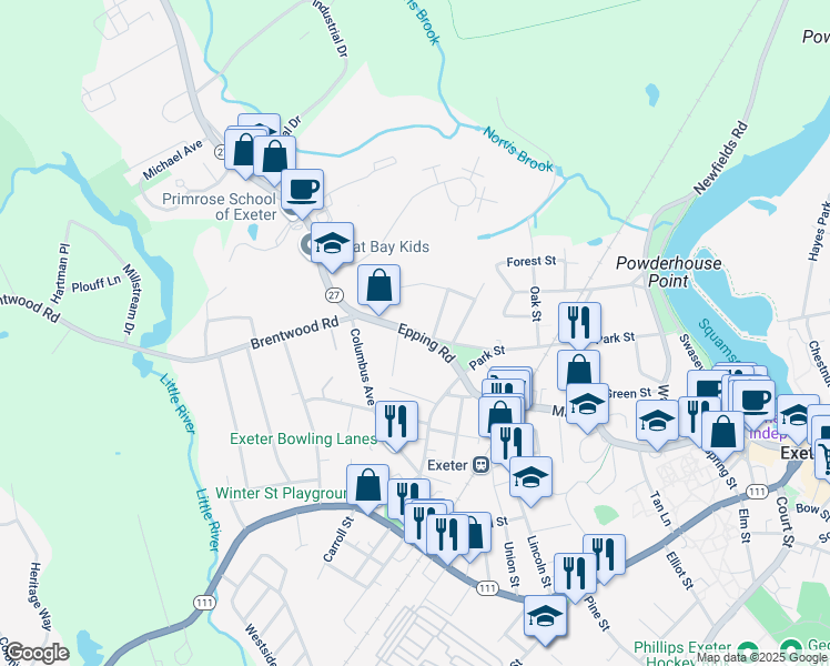 map of restaurants, bars, coffee shops, grocery stores, and more near 49 Epping Road in Exeter