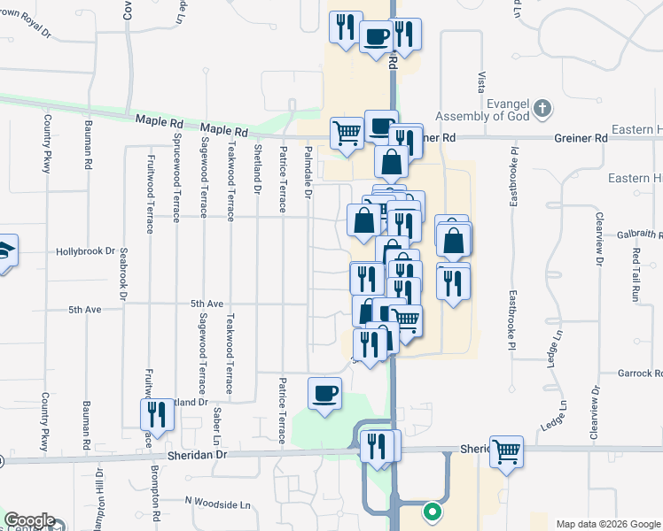 map of restaurants, bars, coffee shops, grocery stores, and more near 179 Palmdale Drive in Buffalo
