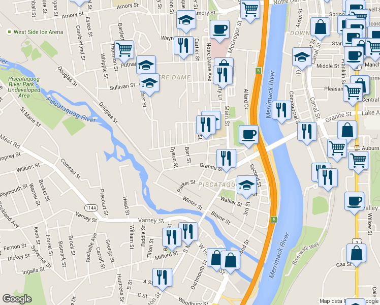 map of restaurants, bars, coffee shops, grocery stores, and more near 445 Granite Street in Manchester