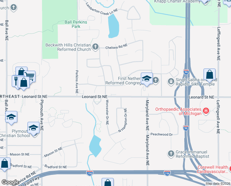 map of restaurants, bars, coffee shops, grocery stores, and more near 2201 Cranbrook Drive Northeast in Grand Rapids