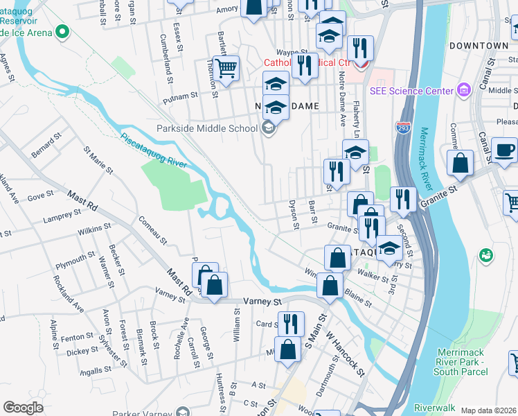 map of restaurants, bars, coffee shops, grocery stores, and more near 290 Conant Street in Manchester
