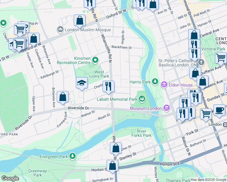 map of restaurants, bars, coffee shops, grocery stores, and more near 89 Wharncliffe Road North in London