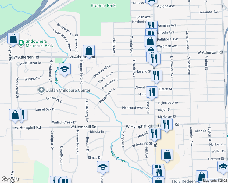 map of restaurants, bars, coffee shops, grocery stores, and more near 1408 Blackberry Lane in Flint