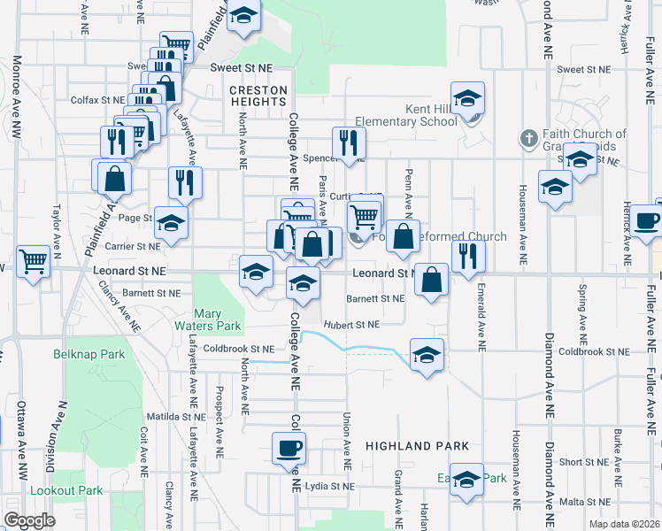 map of restaurants, bars, coffee shops, grocery stores, and more near 529 Carrier Street Northeast in Grand Rapids