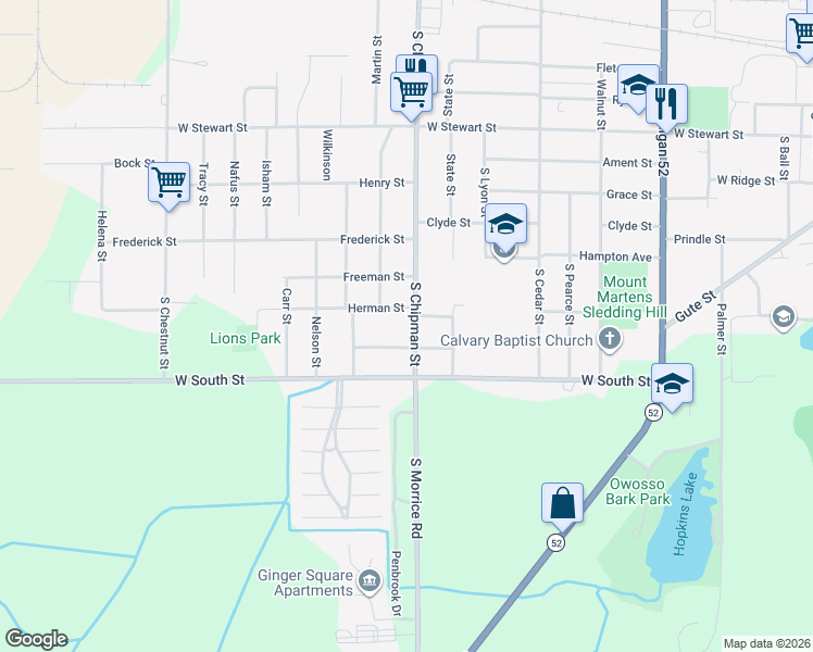 map of restaurants, bars, coffee shops, grocery stores, and more near 1212 Herman Street in Owosso