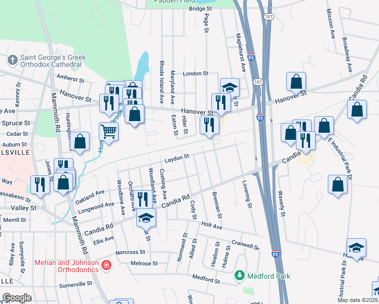 map of restaurants, bars, coffee shops, grocery stores, and more near 144 Crystal Street in Manchester