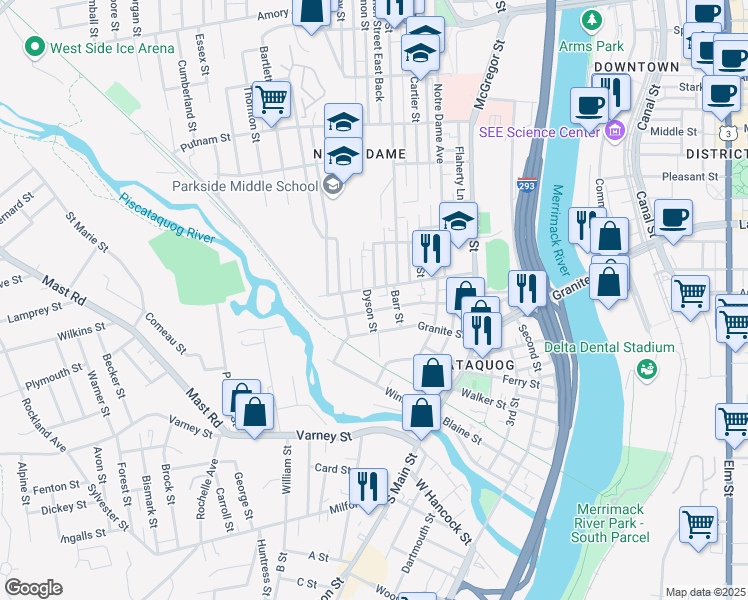 map of restaurants, bars, coffee shops, grocery stores, and more near 17 Rimmon Street in Manchester