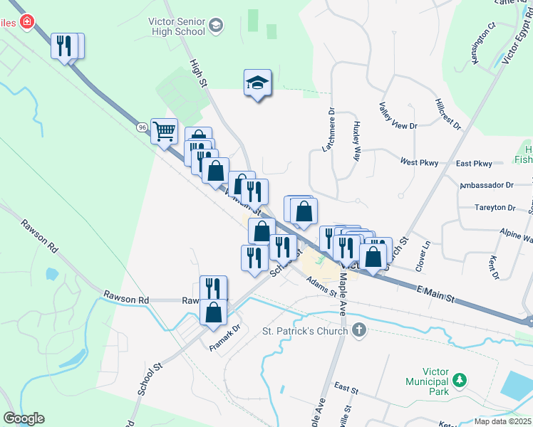 map of restaurants, bars, coffee shops, grocery stores, and more near 32 High Street in Victor