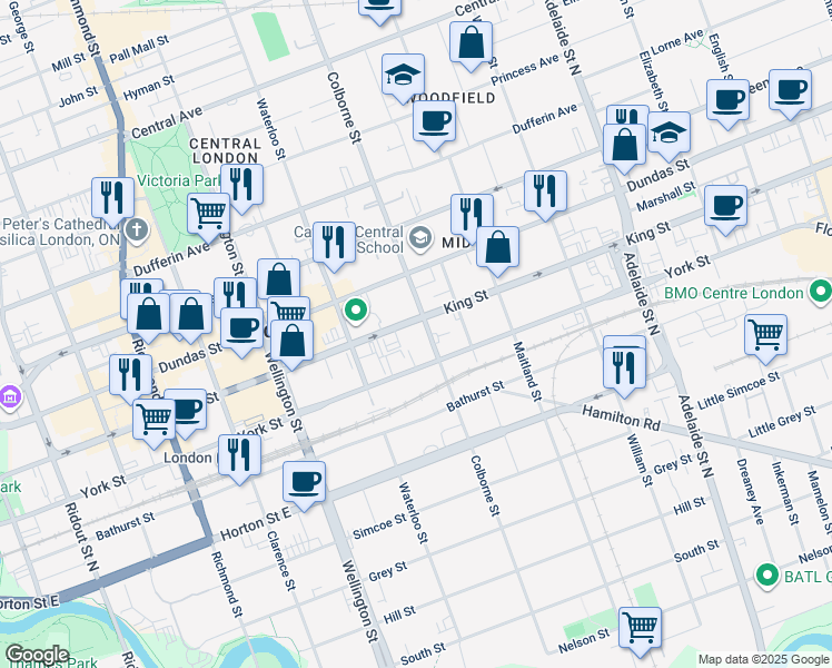 map of restaurants, bars, coffee shops, grocery stores, and more near in London
