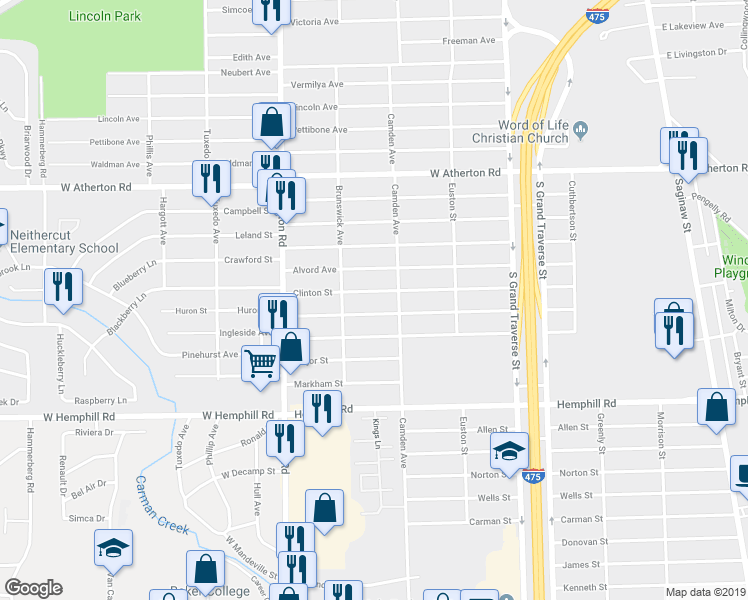 map of restaurants, bars, coffee shops, grocery stores, and more near 833 Alvord Avenue in Flint