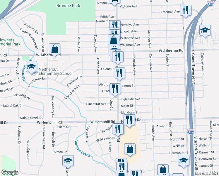 map of restaurants, bars, coffee shops, grocery stores, and more near 1036 Alvord Avenue in Flint
