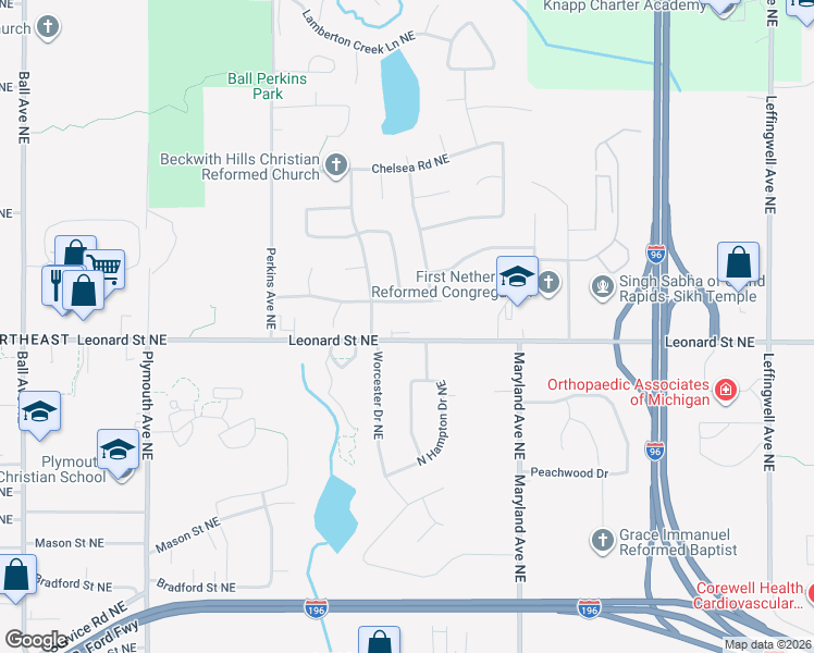 map of restaurants, bars, coffee shops, grocery stores, and more near 2201 Cranbrook Drive Northeast in Grand Rapids