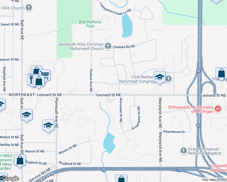map of restaurants, bars, coffee shops, grocery stores, and more near 2120 Cranbrook Drive Northeast in Grand Rapids