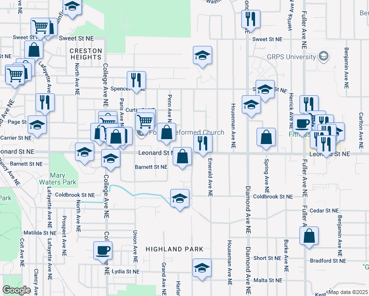 map of restaurants, bars, coffee shops, grocery stores, and more near 1230 Portland Avenue Northeast in Grand Rapids