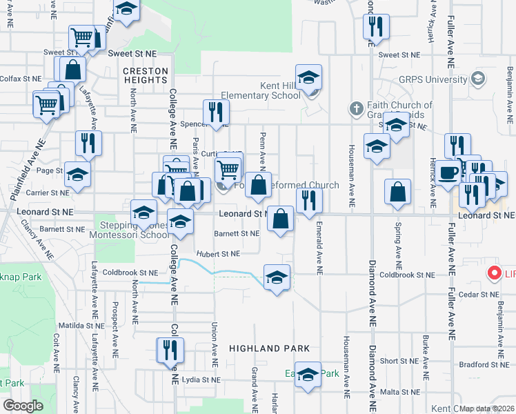 map of restaurants, bars, coffee shops, grocery stores, and more near 1230 Penn Avenue Northeast in Grand Rapids