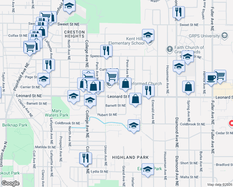 map of restaurants, bars, coffee shops, grocery stores, and more near 1226 Union Avenue Northeast in Grand Rapids