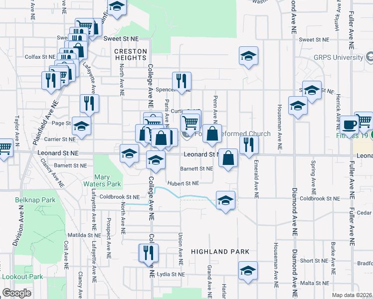 map of restaurants, bars, coffee shops, grocery stores, and more near 557 Carrier Street Northeast in Grand Rapids