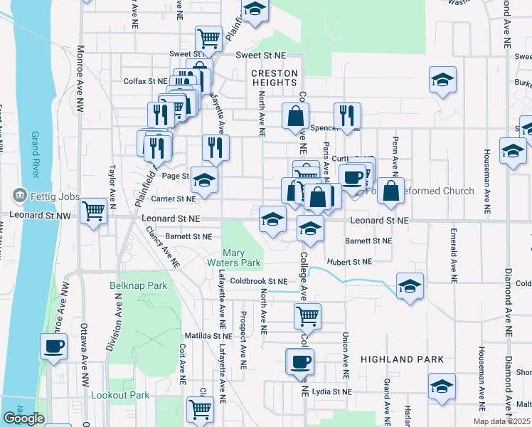 map of restaurants, bars, coffee shops, grocery stores, and more near 409 Carrier Street Northeast in Grand Rapids