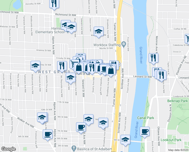 map of restaurants, bars, coffee shops, grocery stores, and more near 1215 Quarry Avenue Northwest in Grand Rapids