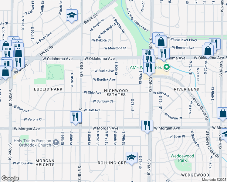 map of restaurants, bars, coffee shops, grocery stores, and more near 7928 West Burdick Avenue in Milwaukee