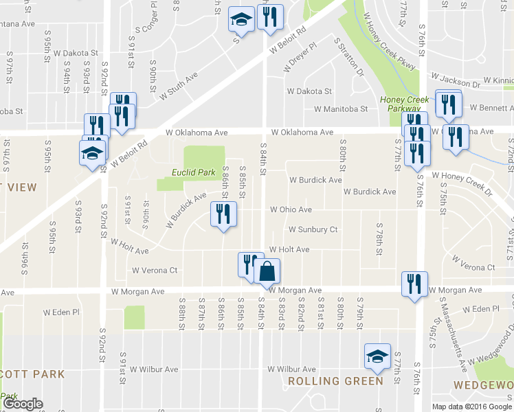 map of restaurants, bars, coffee shops, grocery stores, and more near 3242 South 85th Street in Milwaukee