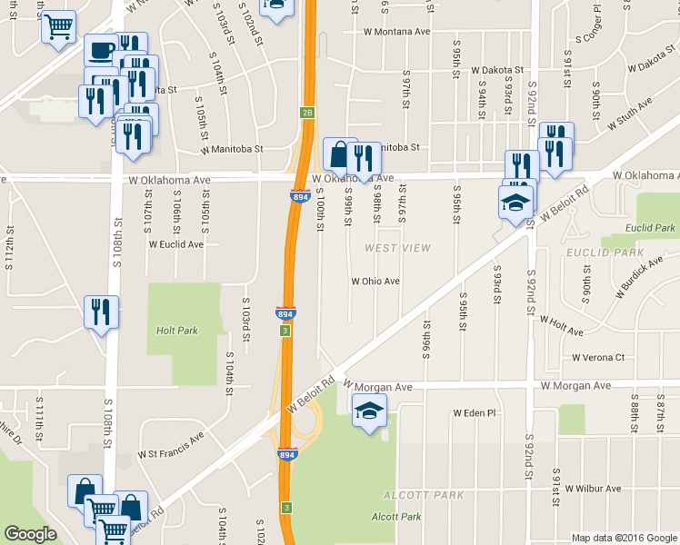 map of restaurants, bars, coffee shops, grocery stores, and more near 3239 South 99th Street in Milwaukee