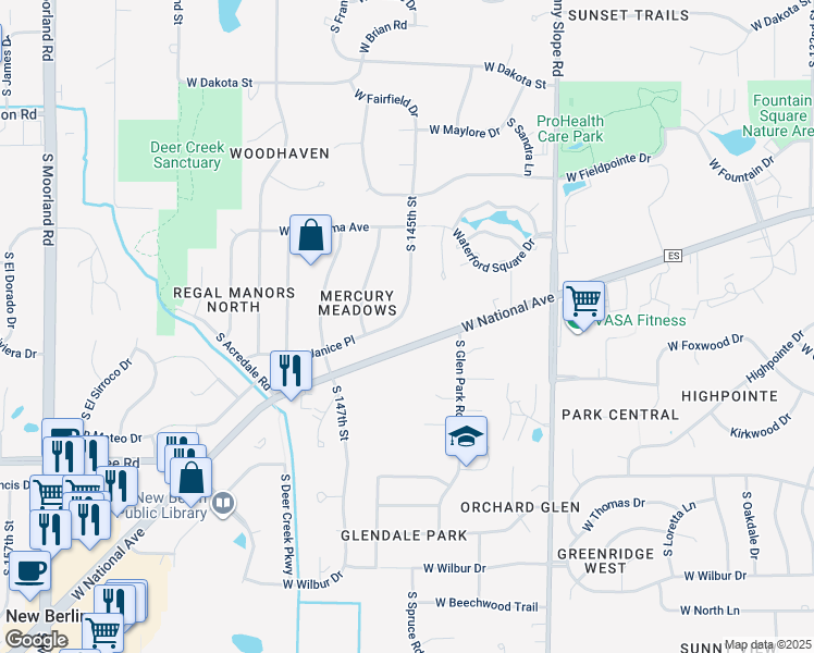 map of restaurants, bars, coffee shops, grocery stores, and more near 3246 South 145th Street in New Berlin