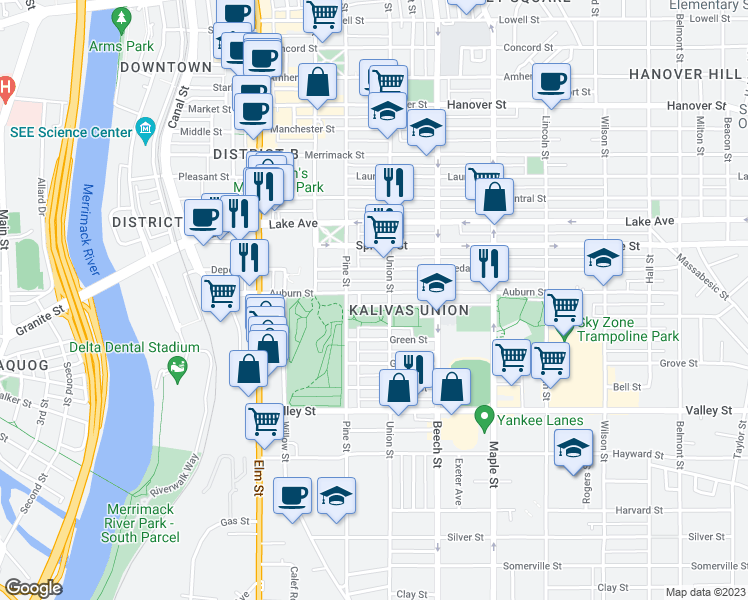 map of restaurants, bars, coffee shops, grocery stores, and more near 193 Auburn Street in Manchester