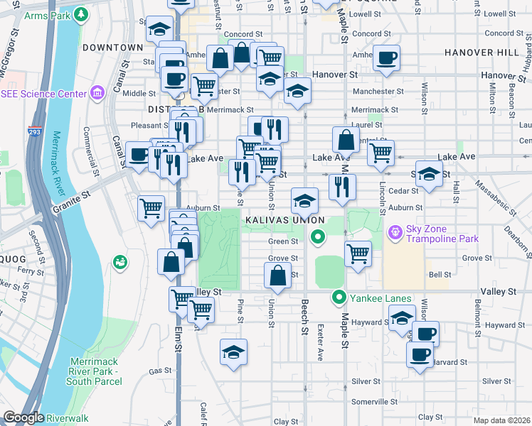 map of restaurants, bars, coffee shops, grocery stores, and more near 205 Auburn Street in Manchester