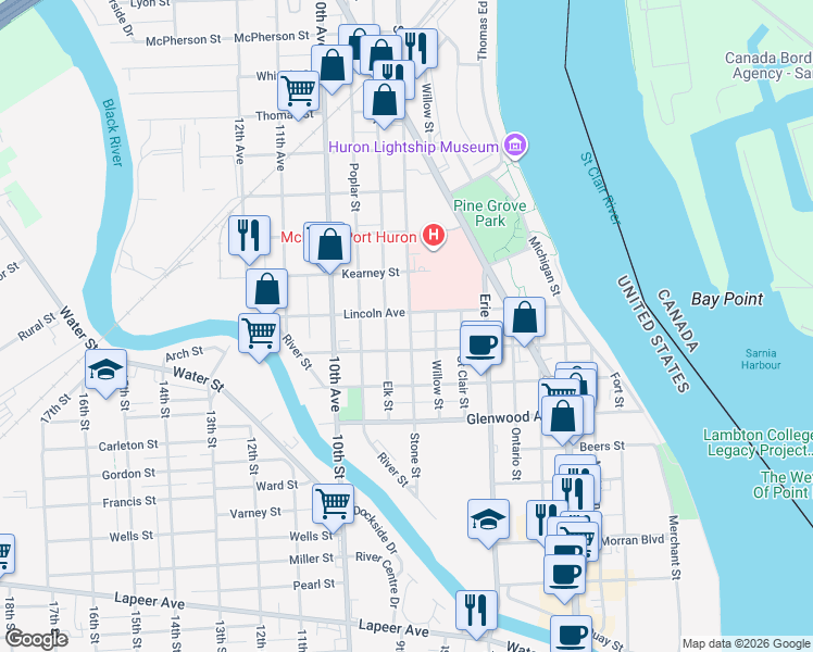 map of restaurants, bars, coffee shops, grocery stores, and more near 1021 Stone Street in Port Huron