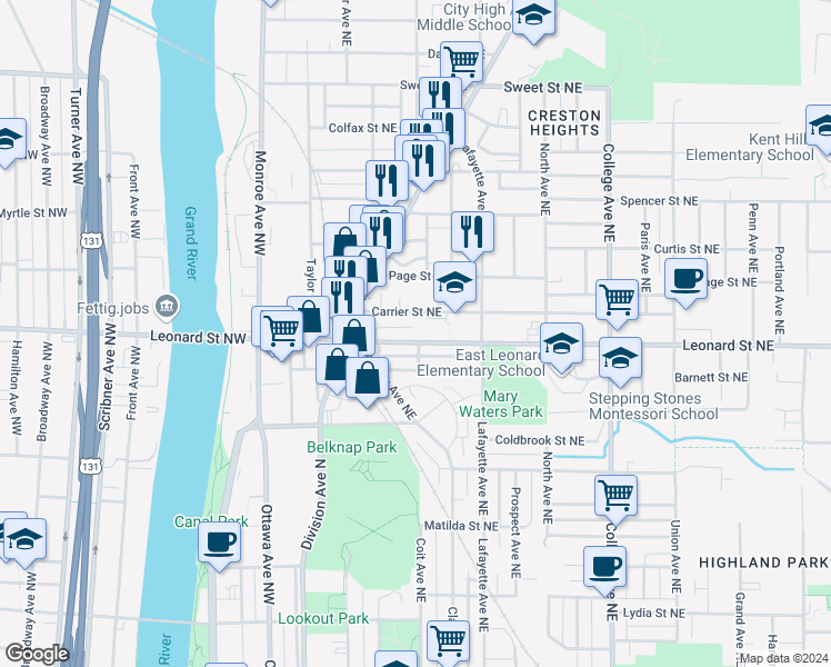 map of restaurants, bars, coffee shops, grocery stores, and more near 131 Leonard Street Northeast in Grand Rapids