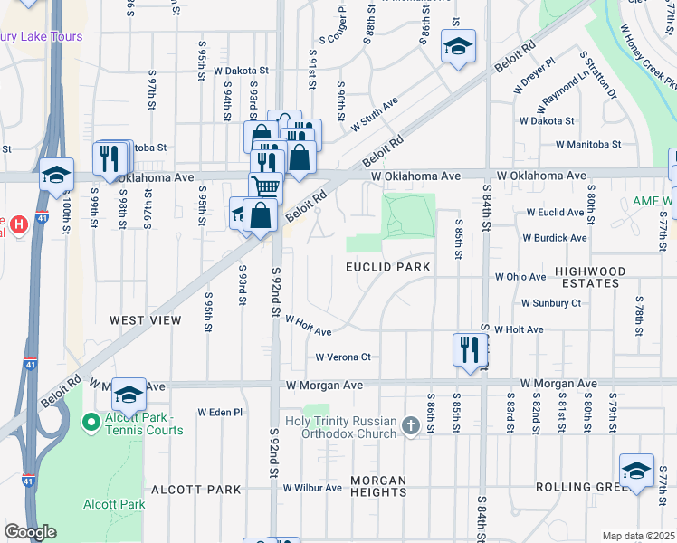 map of restaurants, bars, coffee shops, grocery stores, and more near 3250 South 90th Street in Milwaukee