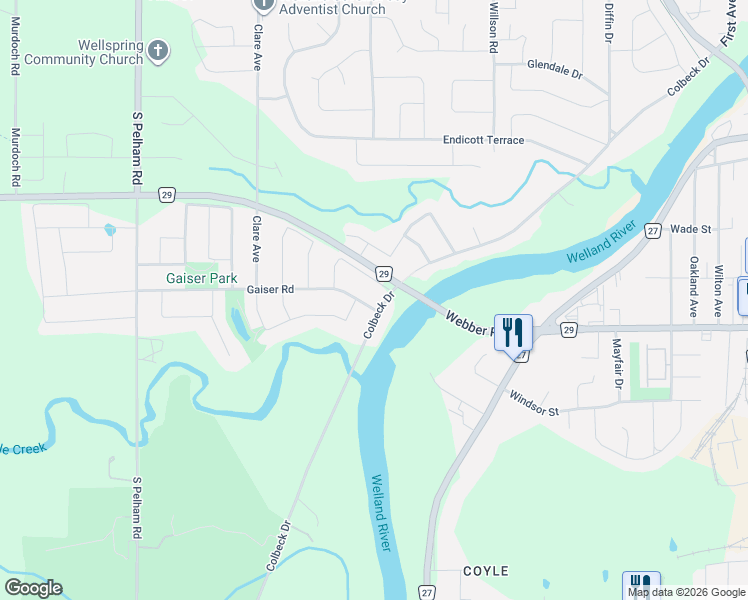 map of restaurants, bars, coffee shops, grocery stores, and more near 153 Falcon Drive in Welland
