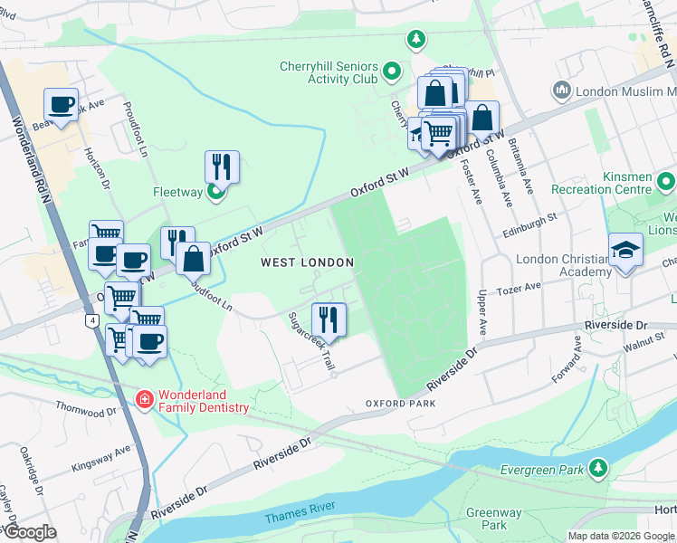 map of restaurants, bars, coffee shops, grocery stores, and more near 500 Proudfoot Lane in London