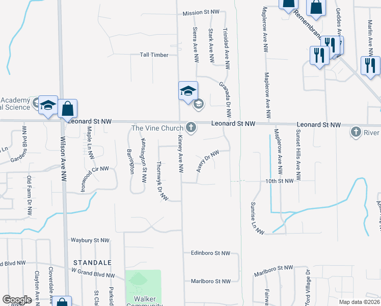 map of restaurants, bars, coffee shops, grocery stores, and more near 3908 Sydney Court Northwest in Grand Rapids
