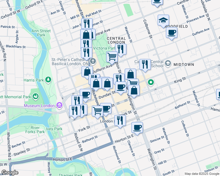 map of restaurants, bars, coffee shops, grocery stores, and more near 428 Clarence Street in London