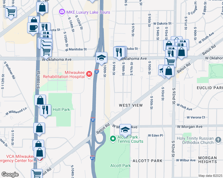 map of restaurants, bars, coffee shops, grocery stores, and more near 3237 South 99th Street in Milwaukee