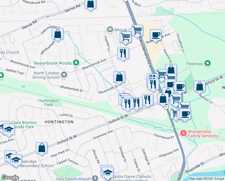 map of restaurants, bars, coffee shops, grocery stores, and more near 713 Silversmith Street in London