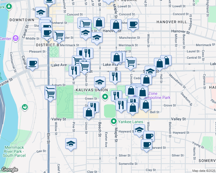 map of restaurants, bars, coffee shops, grocery stores, and more near 345 Cedar Street in Manchester