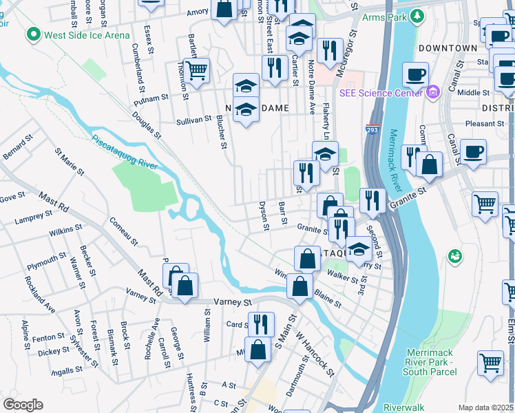map of restaurants, bars, coffee shops, grocery stores, and more near 24 Hevey Street in Manchester