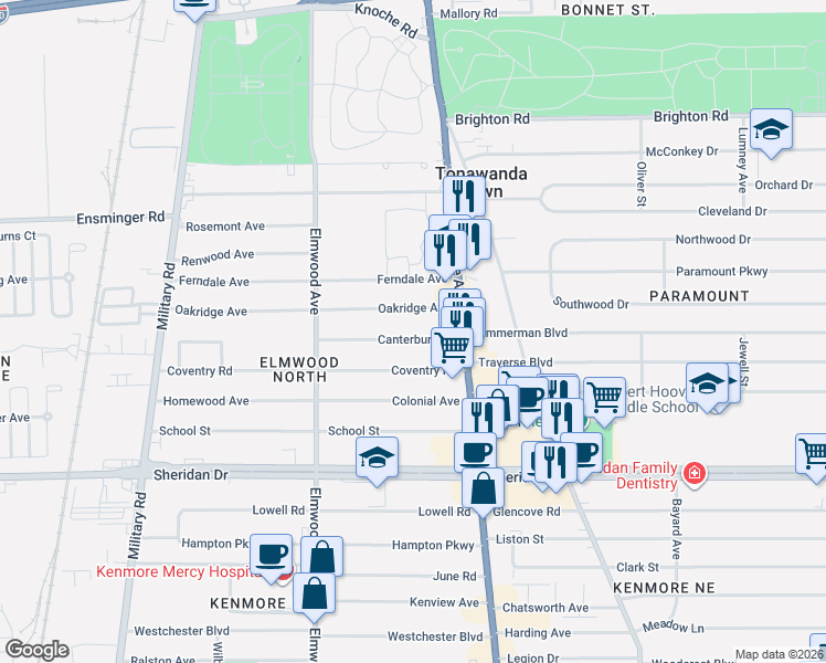 map of restaurants, bars, coffee shops, grocery stores, and more near 36 Oakridge Avenue in Buffalo