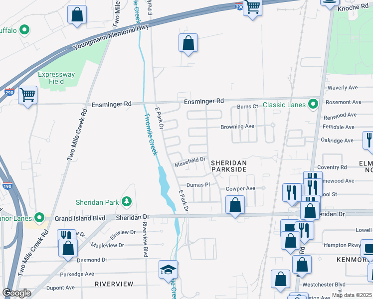 map of restaurants, bars, coffee shops, grocery stores, and more near 38 Alcott Court in Tonawanda