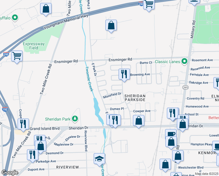 map of restaurants, bars, coffee shops, grocery stores, and more near 38 Alcott Court in Tonawanda