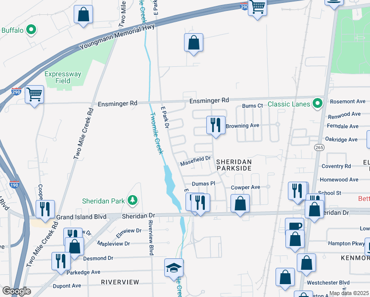 map of restaurants, bars, coffee shops, grocery stores, and more near 80 Thackeray Court in Tonawanda