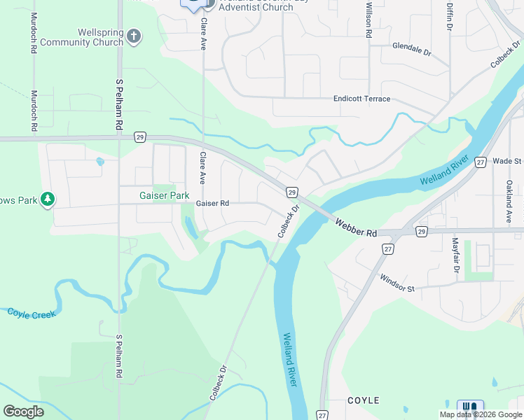map of restaurants, bars, coffee shops, grocery stores, and more near 94 Gaiser Road in Welland