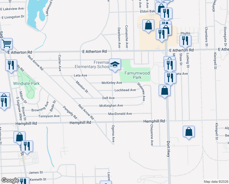 map of restaurants, bars, coffee shops, grocery stores, and more near 4207 Ogema Avenue in Flint